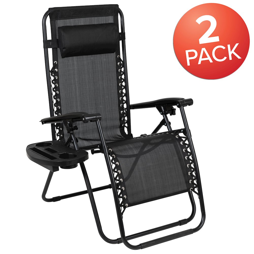 Adjustable Folding Mesh Zero Gravity Reclining Lounge Chair with Pillow and Cup Holder Tray in Black