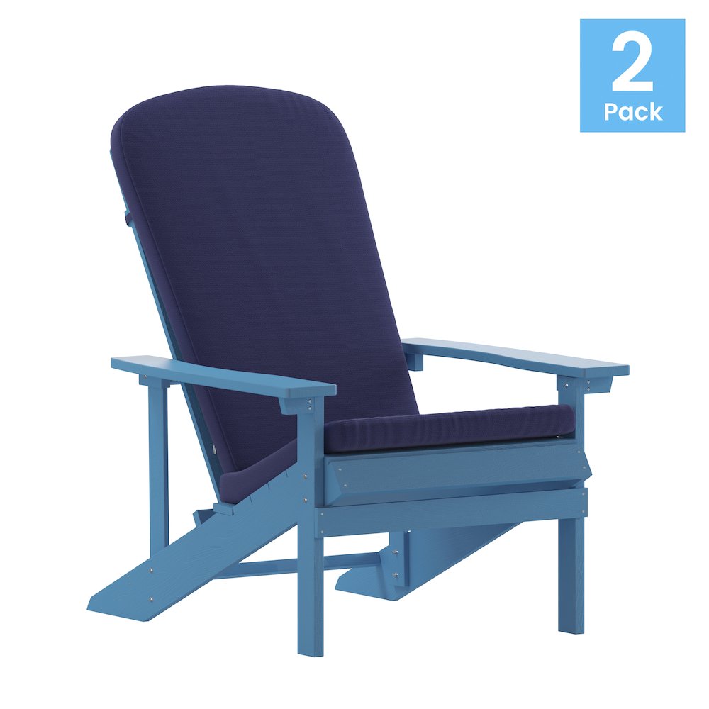 Set of 2 Adirondack Chairs in Blue with Blue Cushions for Deck