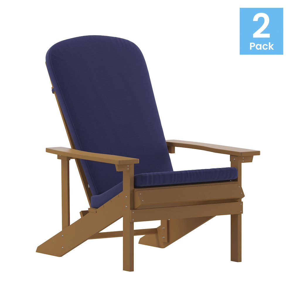 Set of 2 Adirondack Chairs in Teak with Blue Cushions for Deck