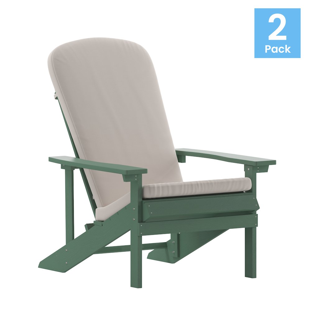 Set of 2 Adirondack Chairs in Green with Cream Cushions