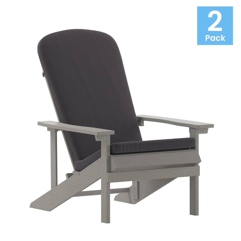 Set of 2 Adirondack Chairs in Gray with Gray Cushions for Deck