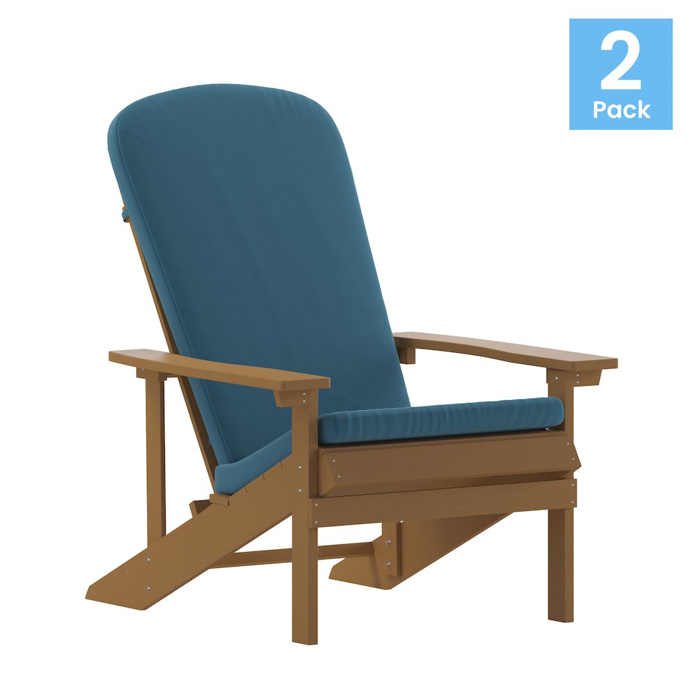 Set of 2 Adirondack Chairs in Teak with Teal Cushions for Deck