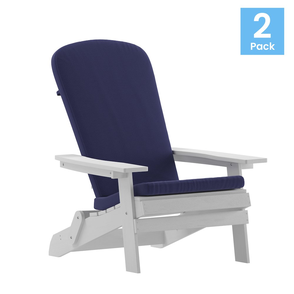 Set of 2Folding Adirondack Chairs in White with Blue Cushions