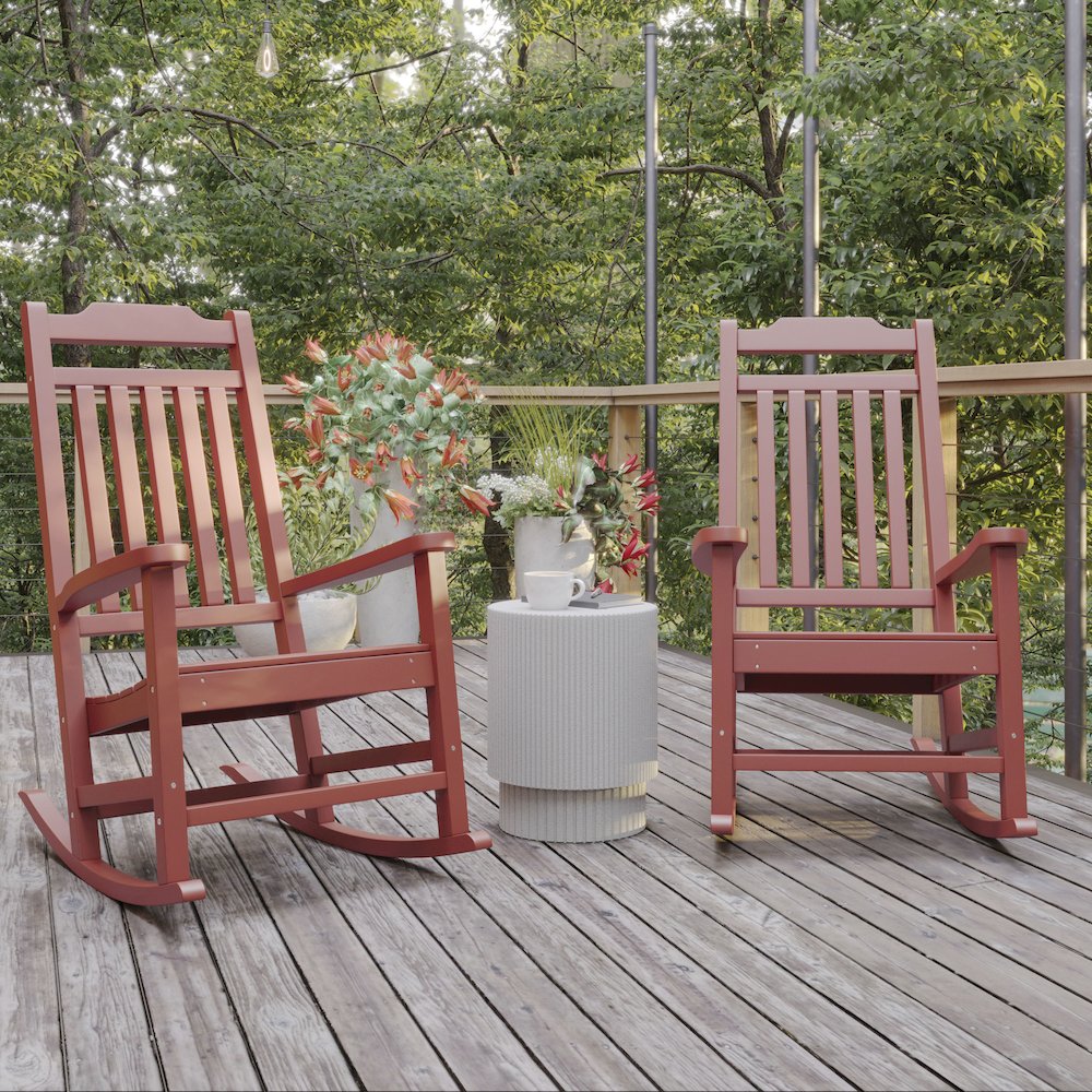 Set of 2 Red Faux Wood Rocking Chairs for Indoor or Outdoor Use