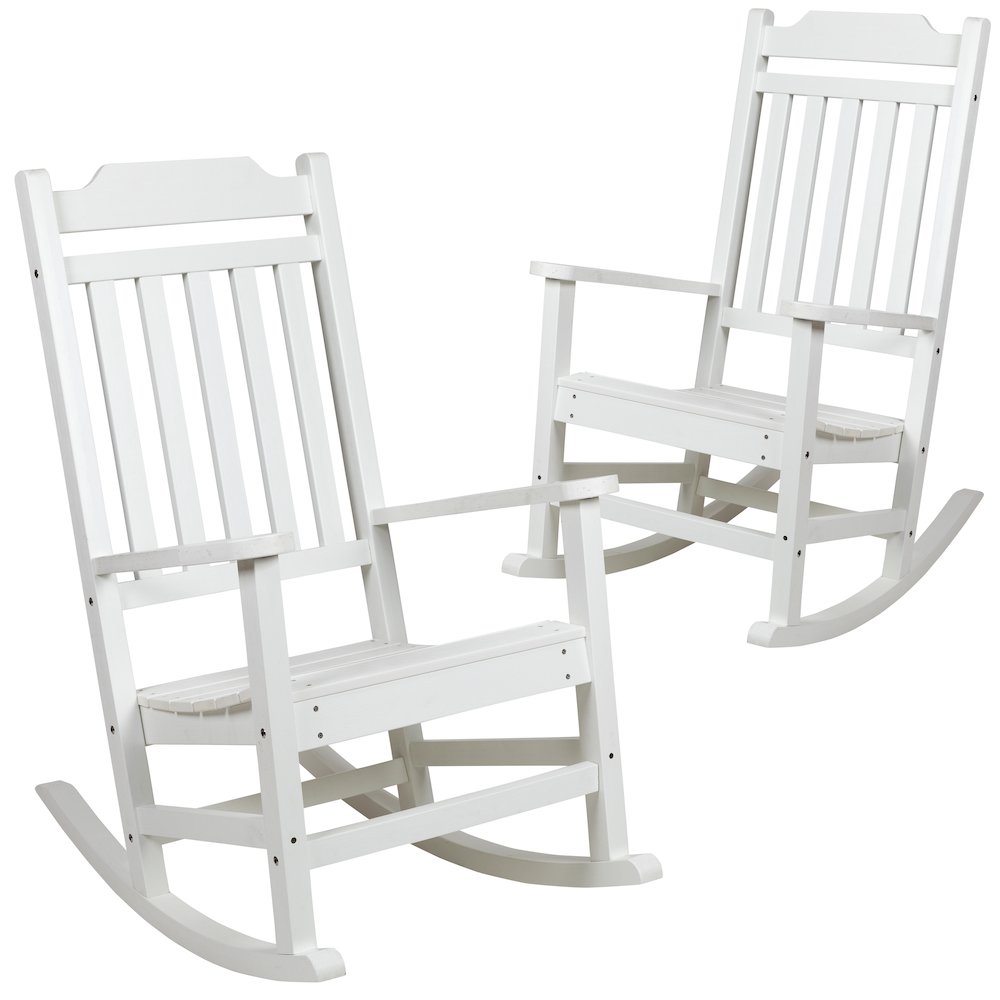 Set of 2 White Faux Wood Rocking Chairs for Indoor or Outdoor Use