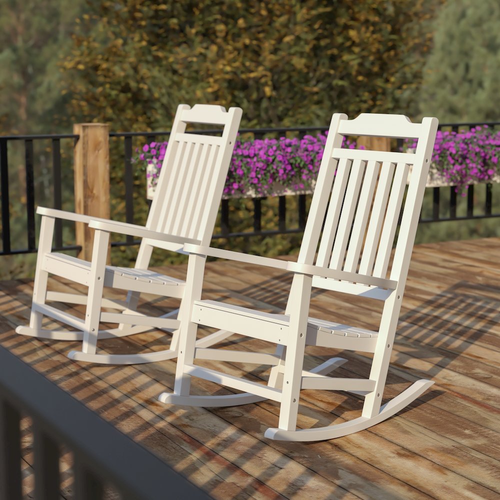 Set of 2 White Faux Wood Rocking Chairs for Indoor or Outdoor Use