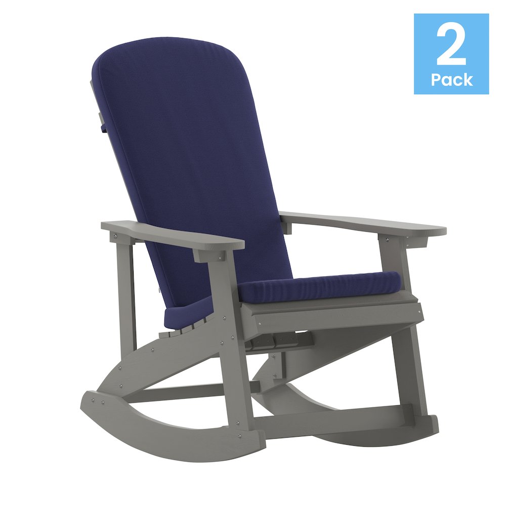 Set of 2 Adirondack Rocking Chairs in Gray with Blue Cushions
