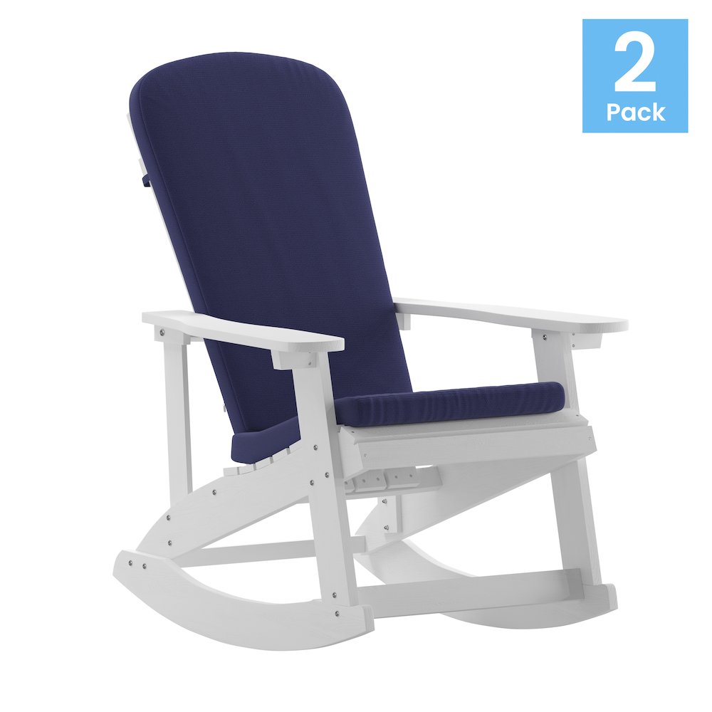 Set of 2 Adirondack Rocking Chairs in White with Blue Cushions