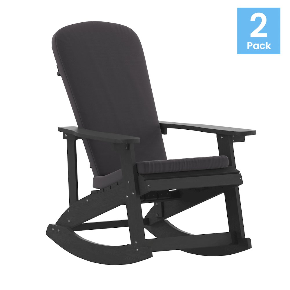 Set of 2 Adirondack Rocking Chairs in Black with Gray Cushions