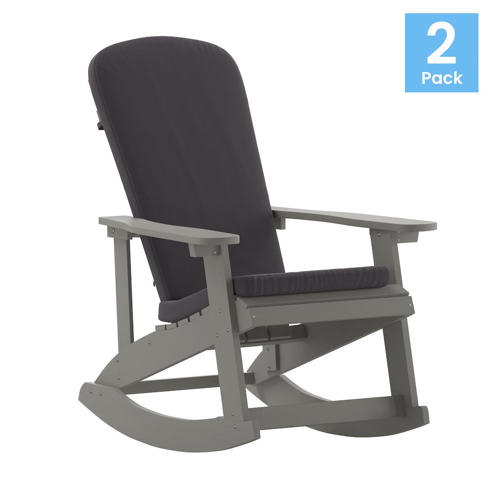 Set of 2 Adirondack Rocking Chairs in Gray with Gray Cushions