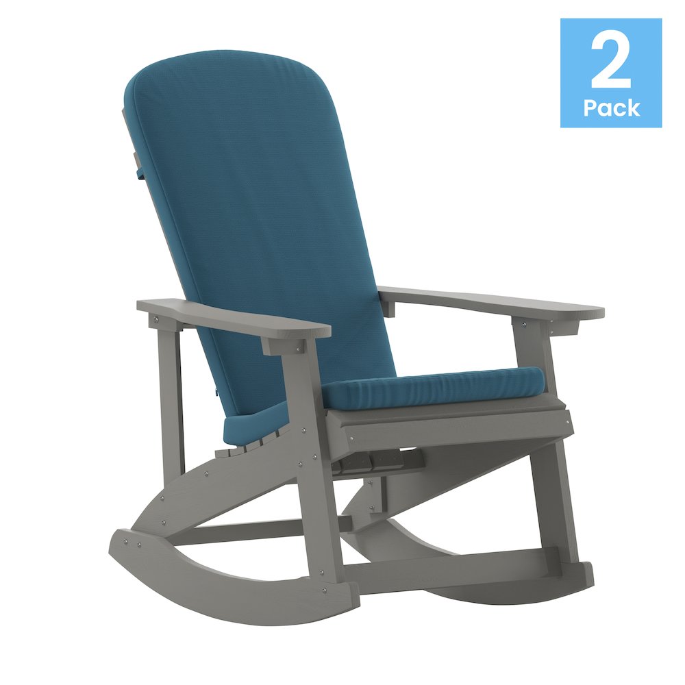 Set of 2 Adirondack Rocking Chairs in Gray with Teal Cushions
