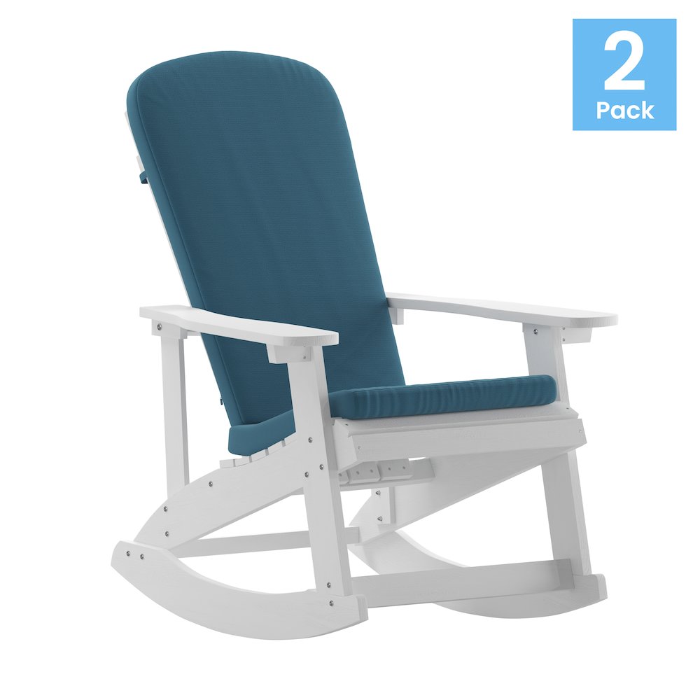 Set of 2 Adirondack Rocking Chairs in White with Teal Cushions