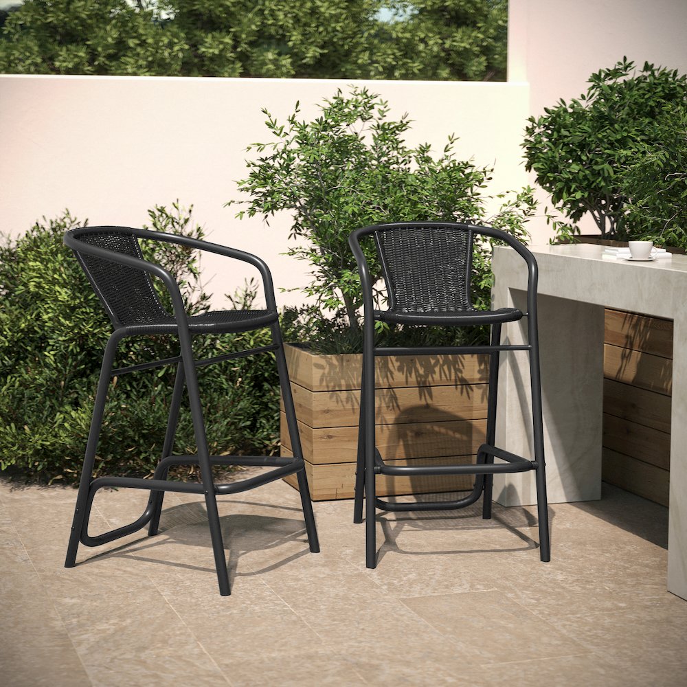 Set of 2 Rattan Restaurant Barstool with Black Aluminum Frame