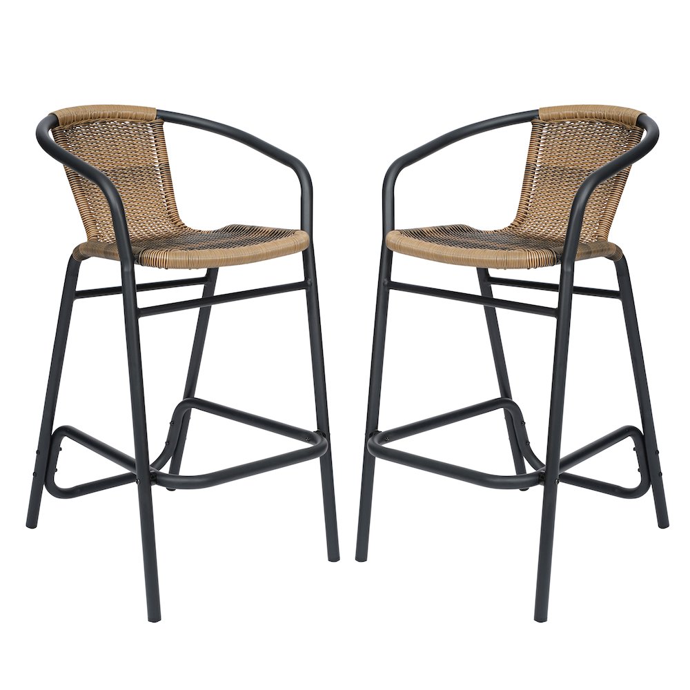 Set of 2 Rattan Restaurant Barstool with Black Aluminum Frame