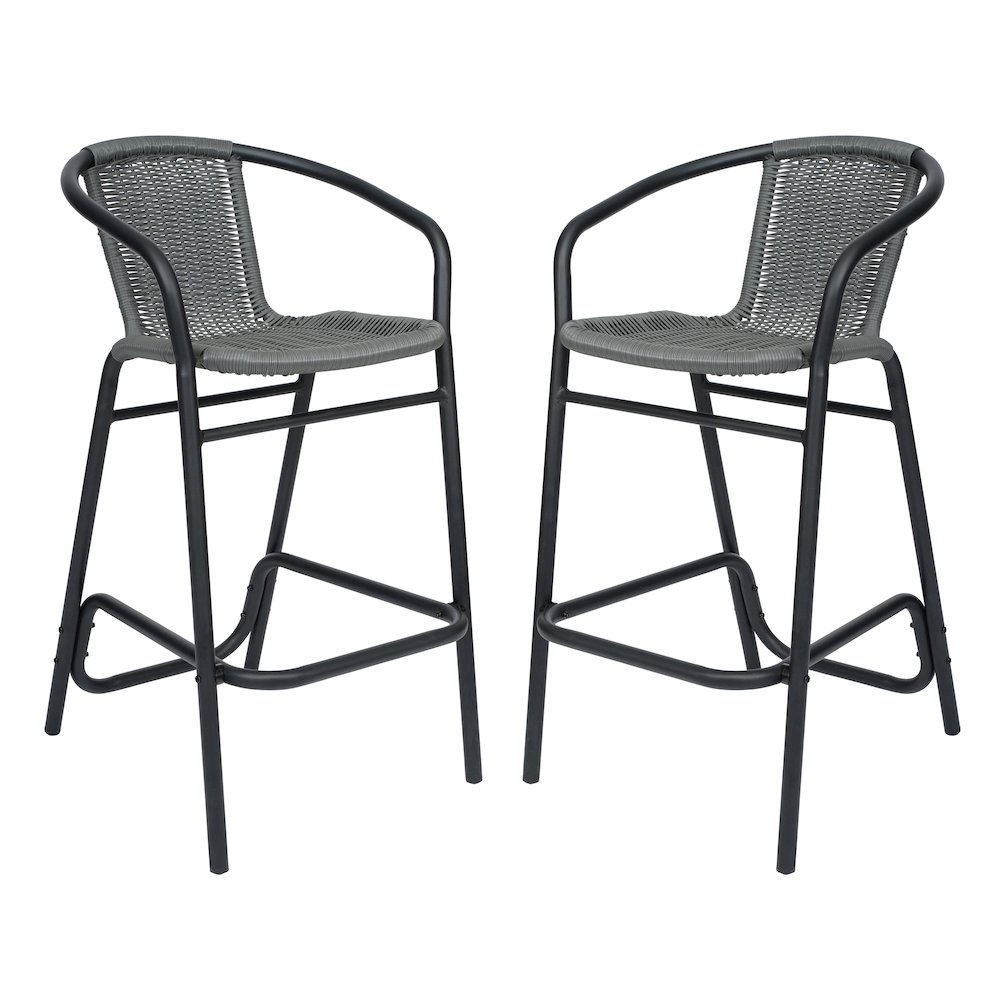 Set of 2 PE Rattan Restaurant Barstool with Black Aluminum Frame