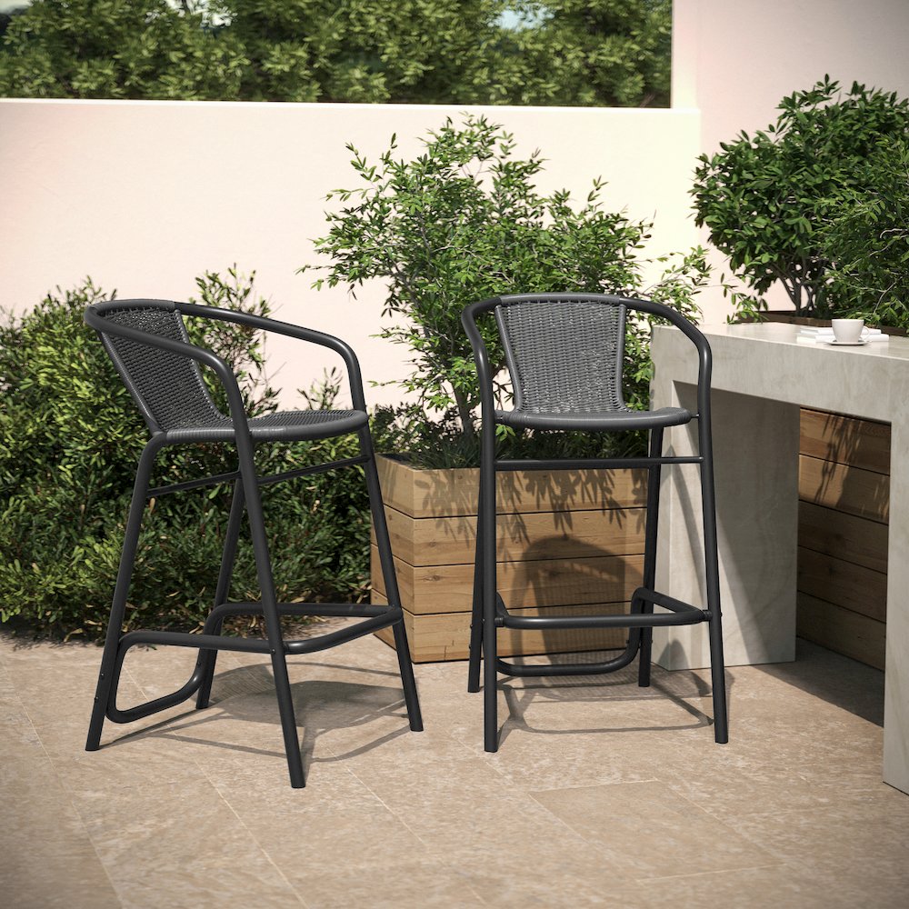 Set of 2 PE Rattan Restaurant Barstool with Black Aluminum Frame
