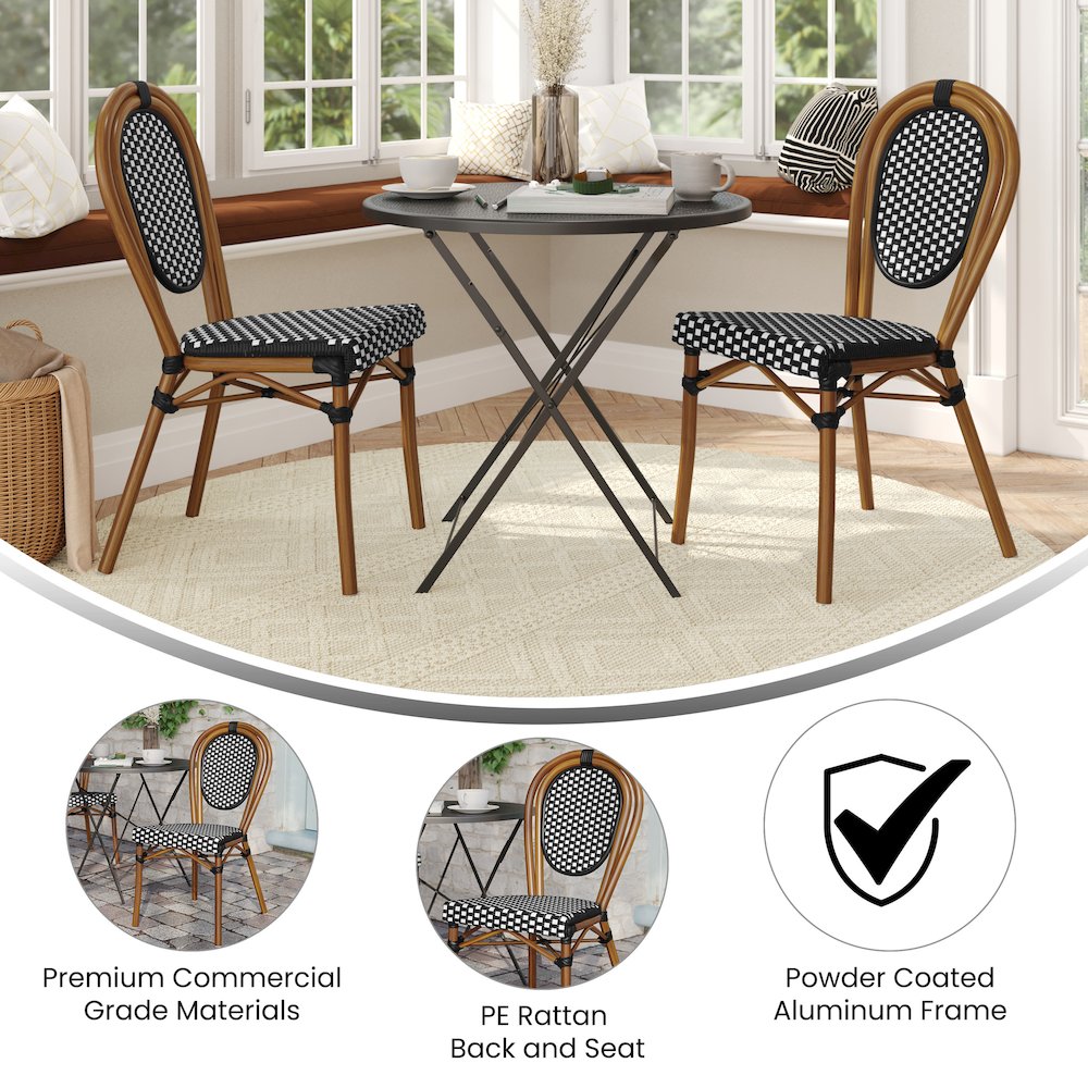 2 Pack Bistro Stack Chair Natural/White PE Rattan and Bamboo Aluminum Frame