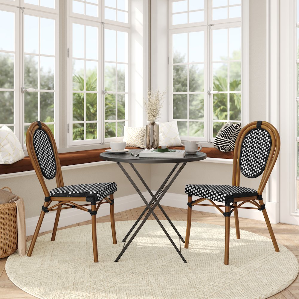 2 Pack Bistro Stack Chair Natural/White PE Rattan and Bamboo Aluminum Frame