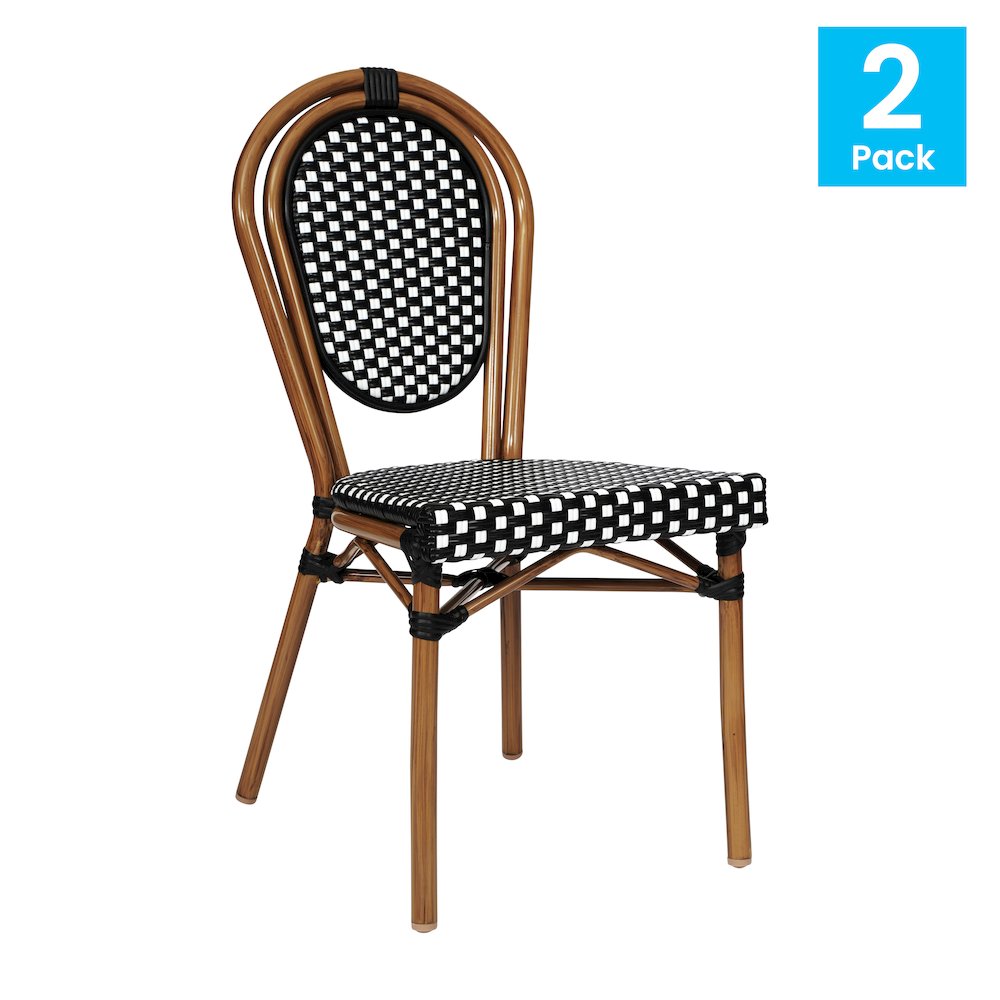 2 Pack Bistro Stack Chair Natural/White PE Rattan and Bamboo Aluminum Frame
