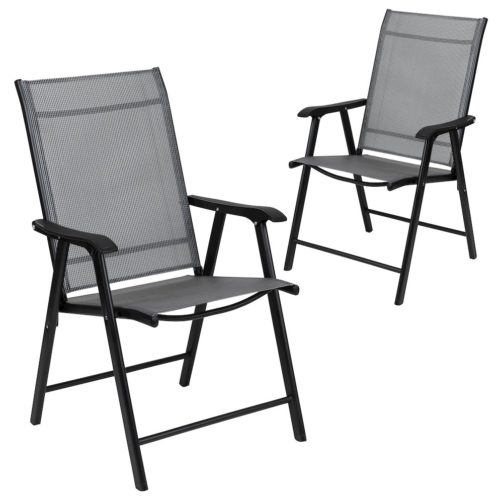 Gray Outdoor Folding Patio Sling Chair with Black Frame (2 Pack)