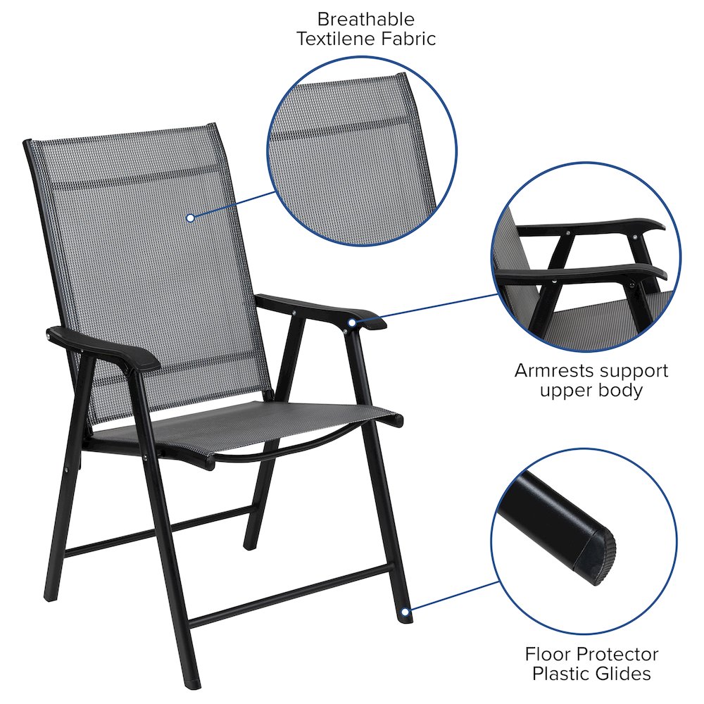 Gray Outdoor Folding Patio Sling Chair with Black Frame (2 Pack)