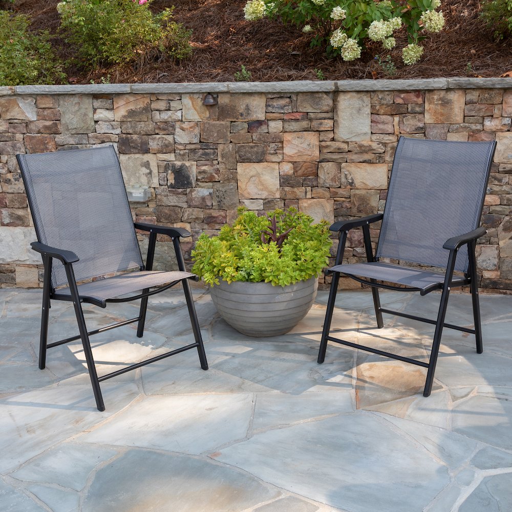 Gray Outdoor Folding Patio Sling Chair with Black Frame (2 Pack)
