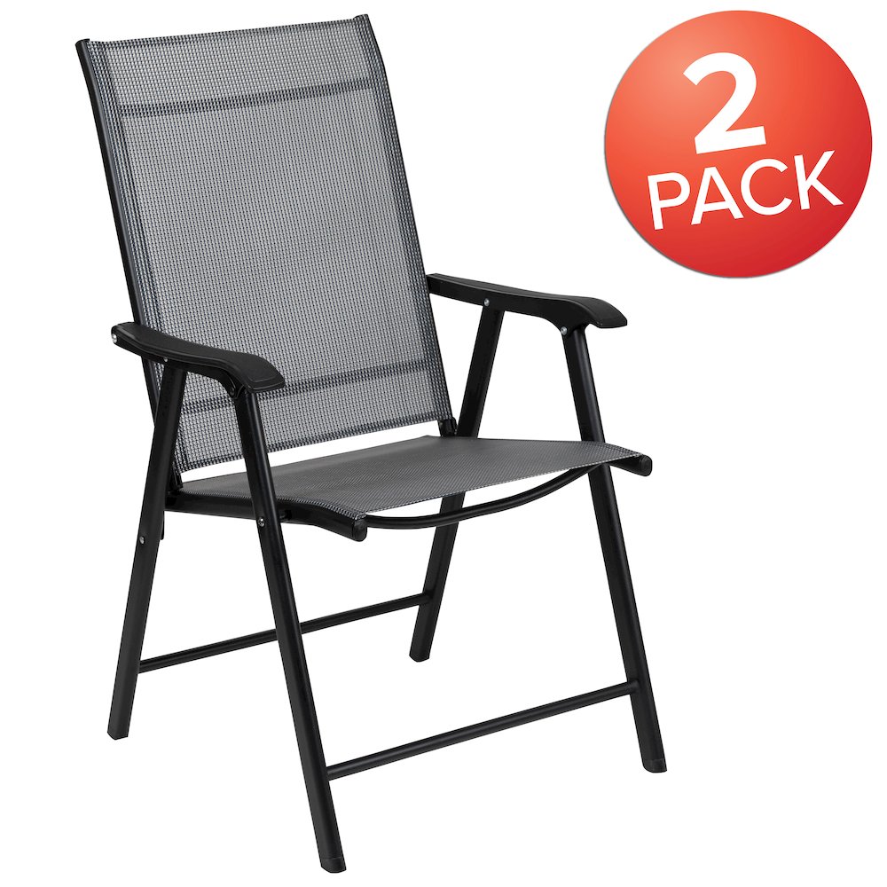 Gray Outdoor Folding Patio Sling Chair with Black Frame (2 Pack)