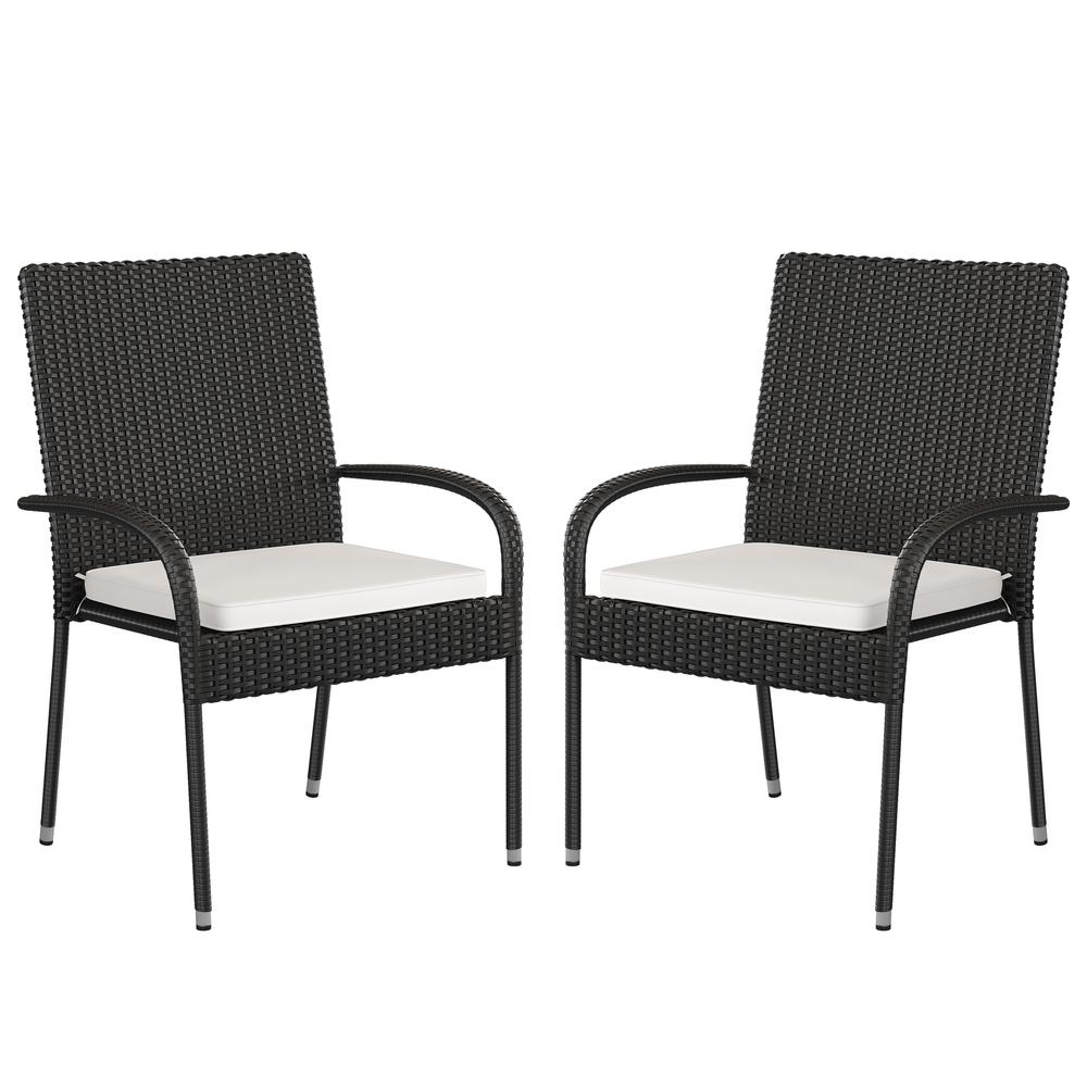 Contemporary Set of 2 Indoor/Outdoor PE Wicker Patio Chairs with Seat Cushions