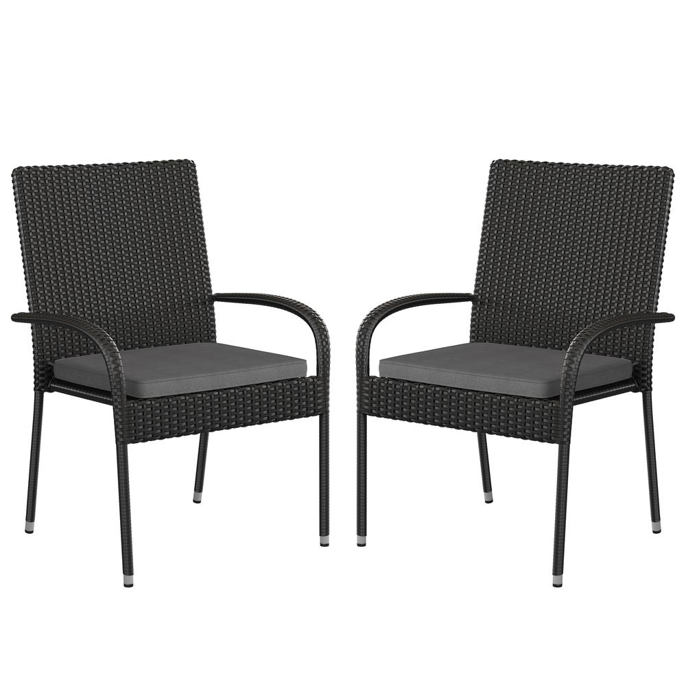 Contemporary Set of 2 Indoor/Outdoor PE Wicker Patio Chairs with Seat Cushions