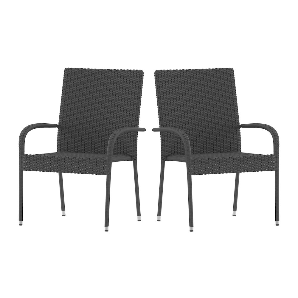 Maxim Set of 2 Stackable Indoor/Outdoor Wicker Dining Chairs with Arms – Fade & Weather-Resistant Steel Frames – Gray