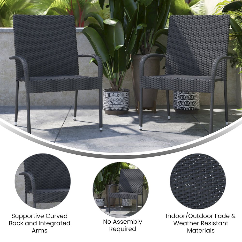 Maxim Set of 2 Stackable Indoor/Outdoor Wicker Dining Chairs with Arms – Fade & Weather-Resistant Steel Frames – Gray