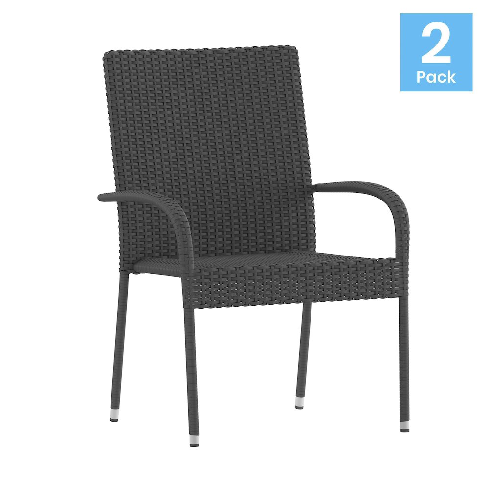 Maxim Set of 2 Stackable Indoor/Outdoor Wicker Dining Chairs with Arms – Fade & Weather-Resistant Steel Frames – Gray