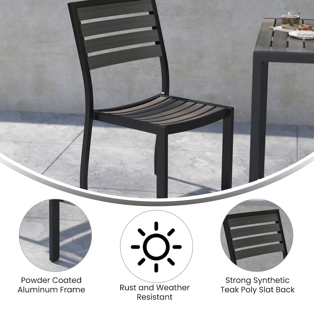 Outdoor Stackable Side Chair with Gray Wash Faux Teak Poly Slats