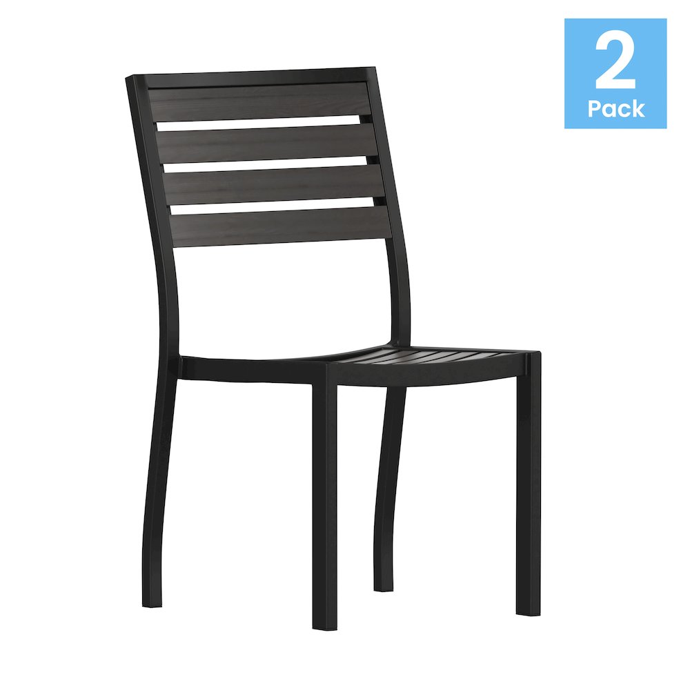 Outdoor Stackable Side Chair with Gray Wash Faux Teak Poly Slats