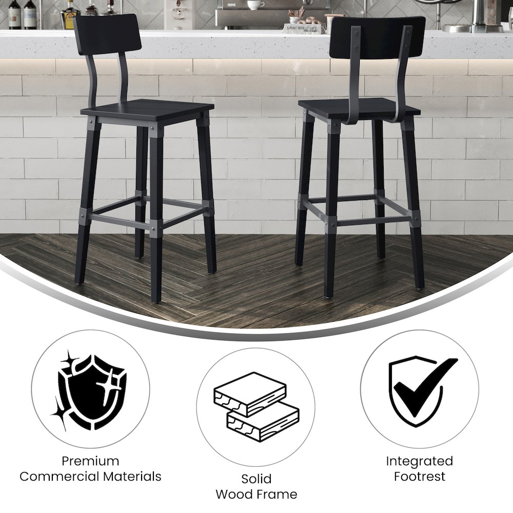 Jackson 2 Pack Commercial Grade Rustic Black Industrial Wood Dining Barstool