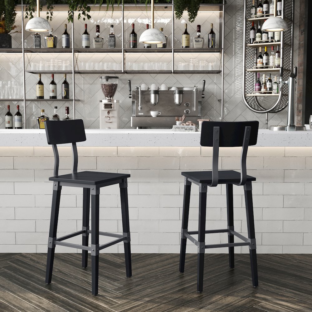 Jackson 2 Pack Commercial Grade Rustic Black Industrial Wood Dining Barstool