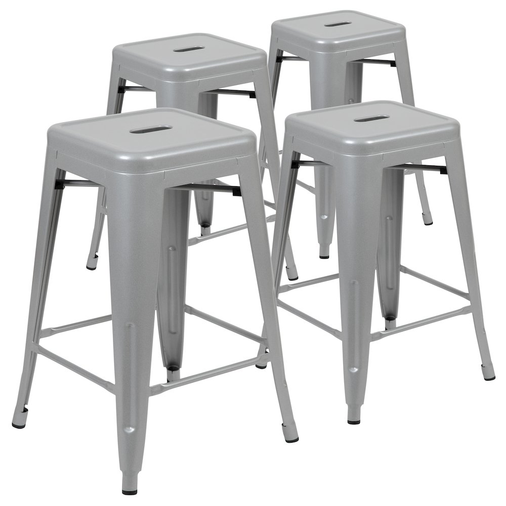 Modern Industrial Metal Stool in Silver (Set of 4)