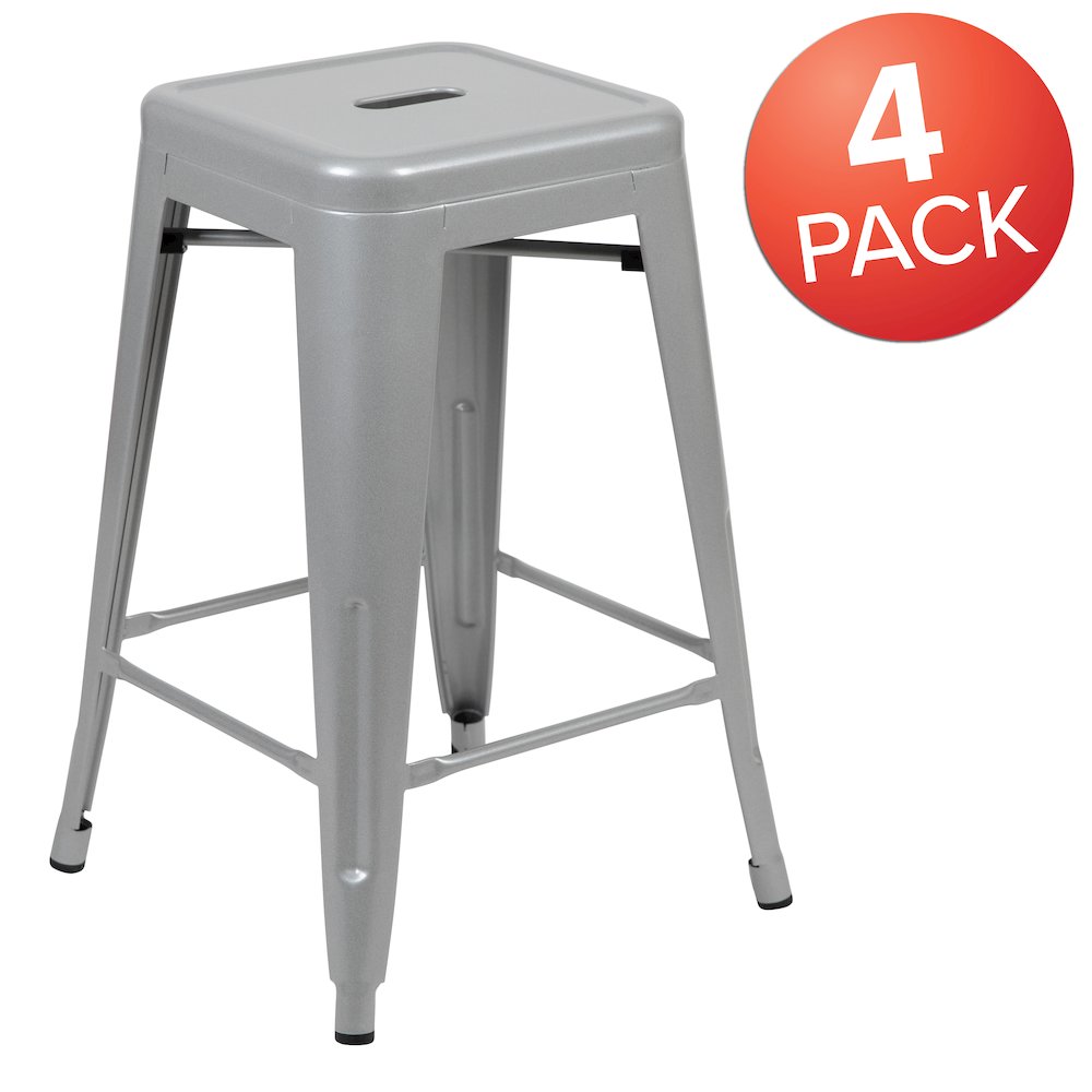 Modern Industrial Metal Stool in Silver (Set of 4)
