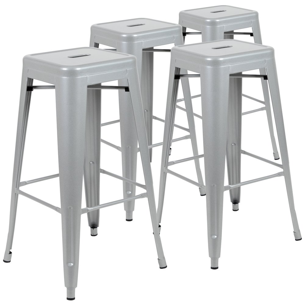 30″ High Metal Indoor Bar Stool in Silver – Stackable Set of 4
