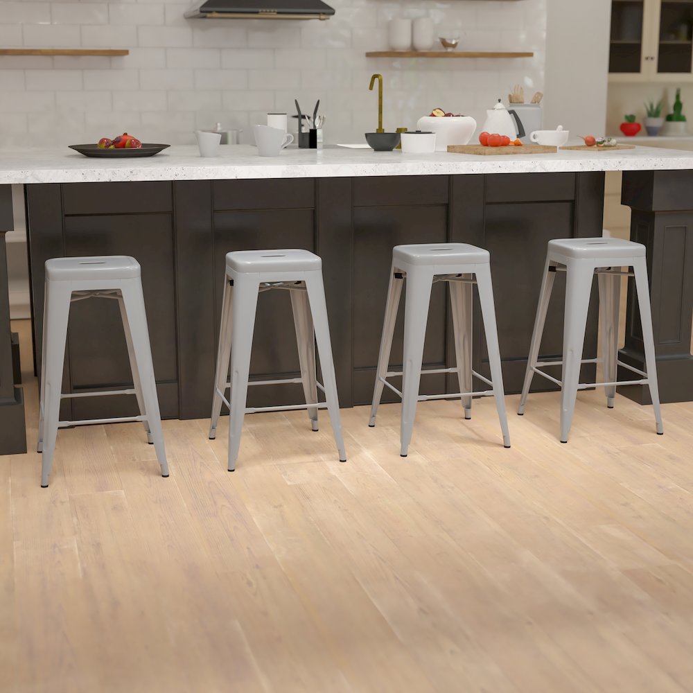 30″ High Metal Indoor Bar Stool in Silver – Stackable Set of 4