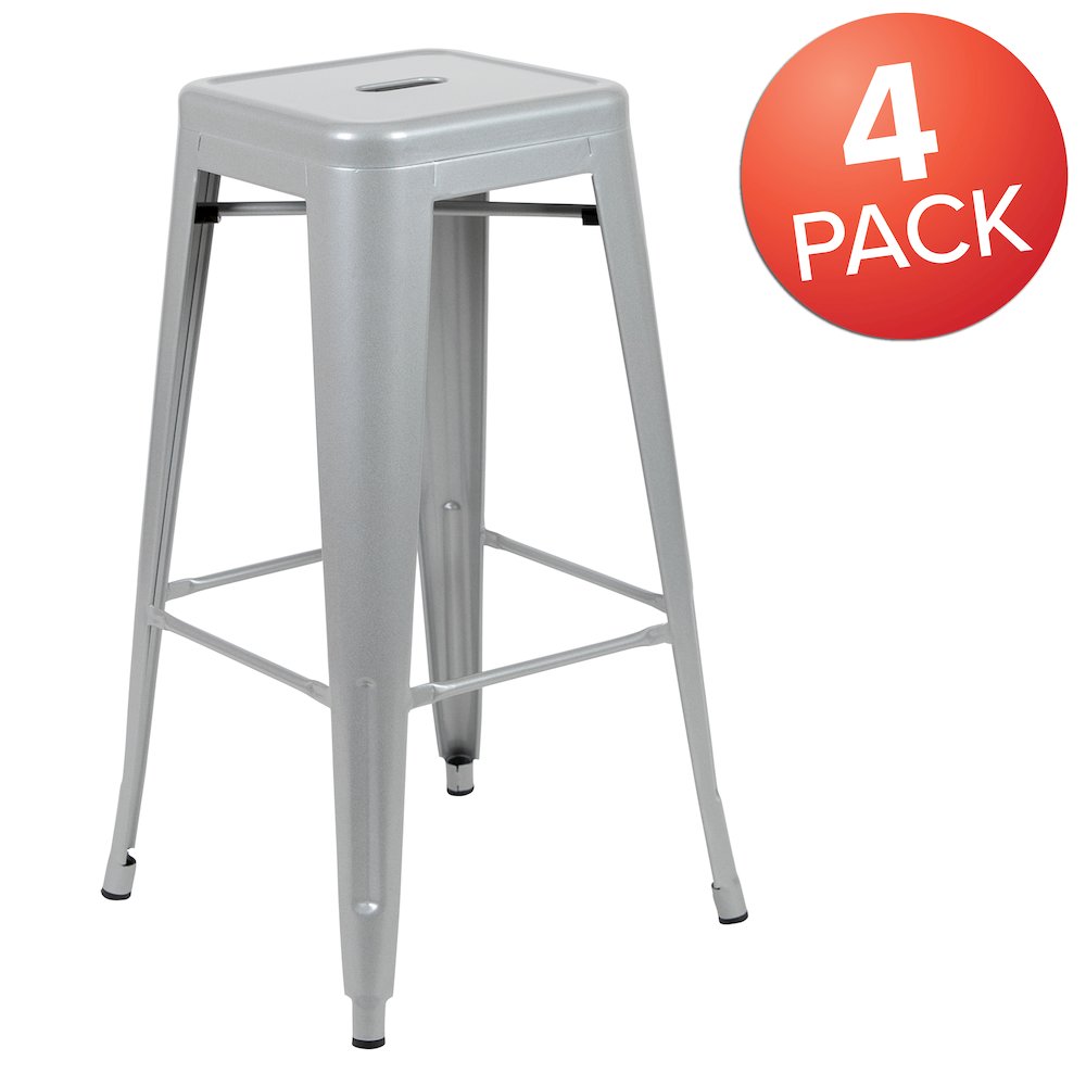 30″ High Metal Indoor Bar Stool in Silver – Stackable Set of 4