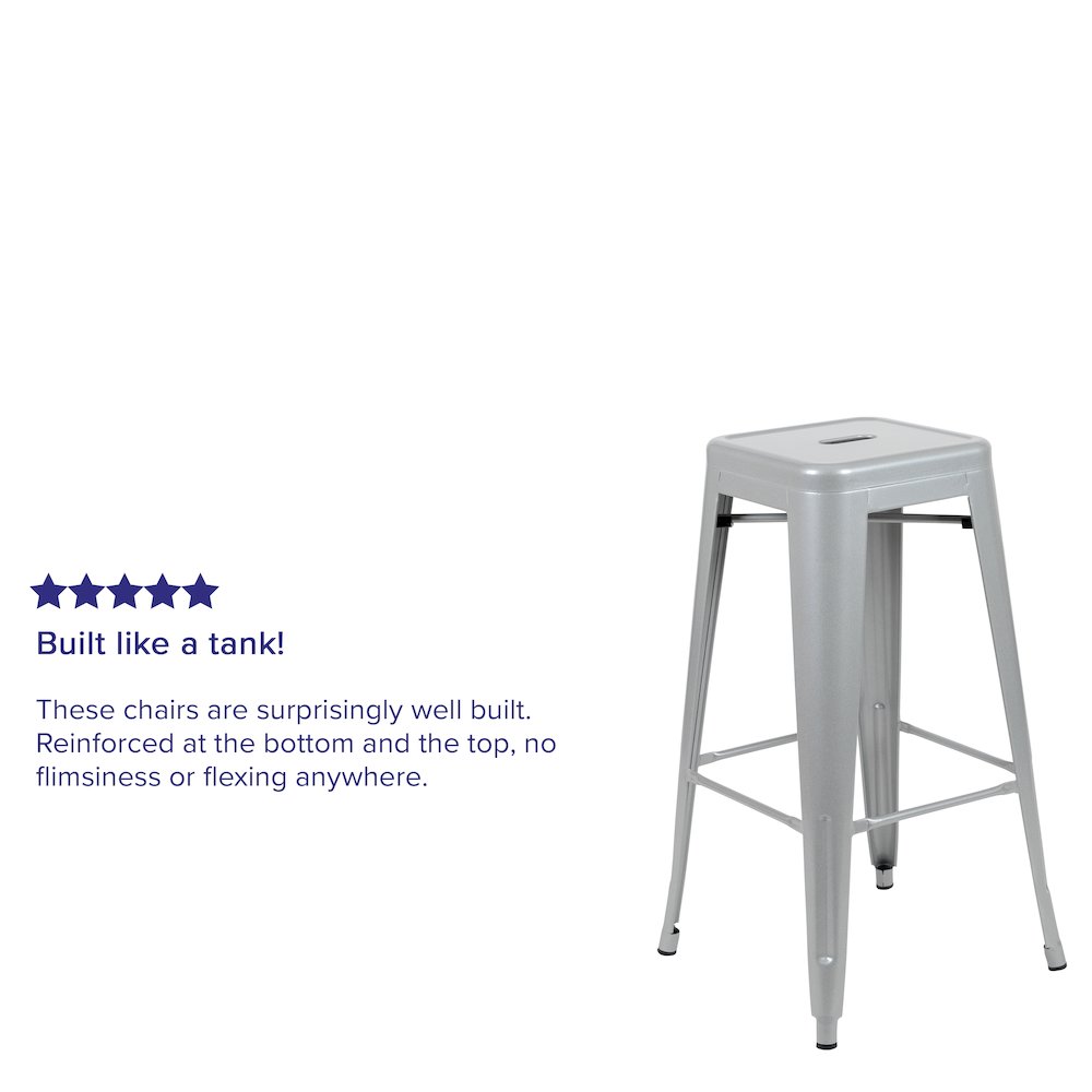 30″ High Metal Indoor Bar Stool in Silver – Stackable Set of 4