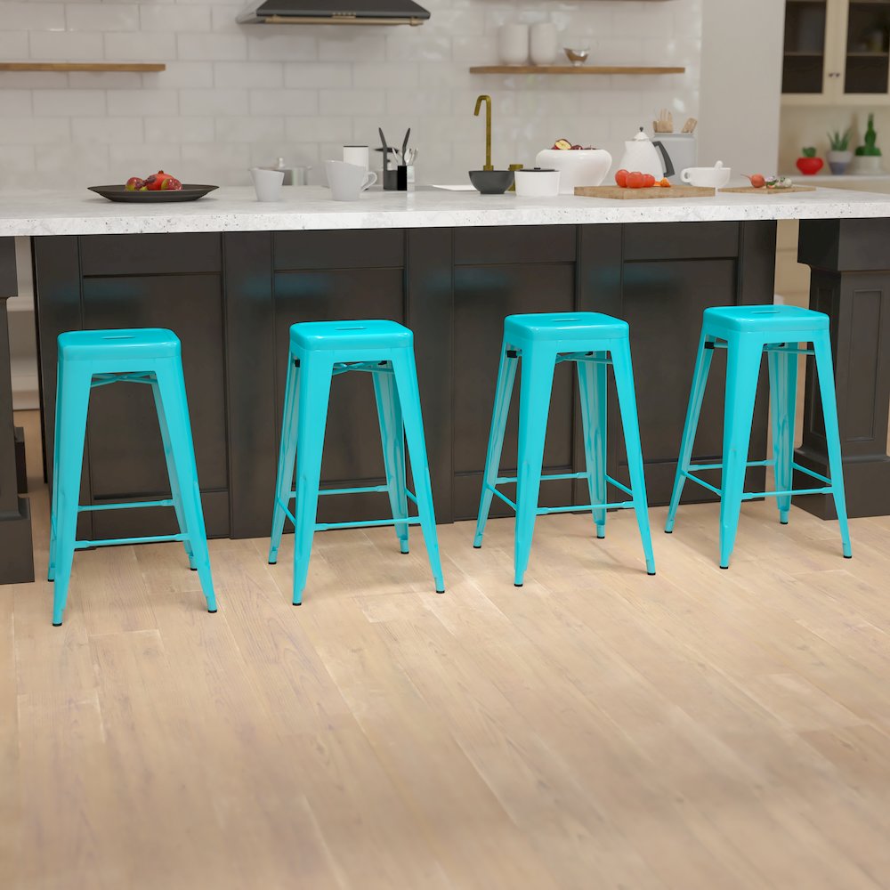 30″ High Metal Indoor Bar Stool in Teal – Stackable Set of 4
