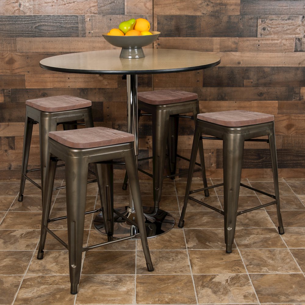 Indoor Bar Stool with Wood Seat in Gun Metal Gray – Stackable Set of 4