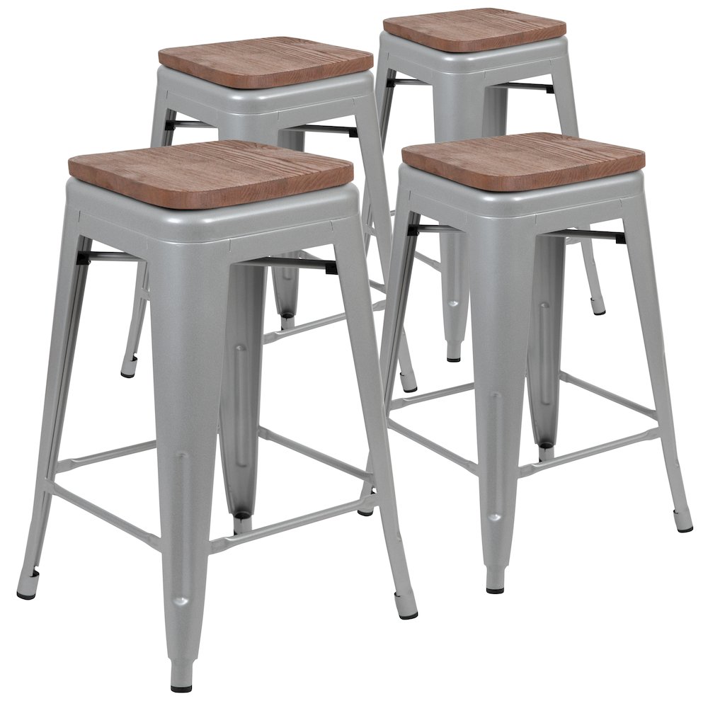 Set of 4 Modern Industrial Metal Stools  in Silver