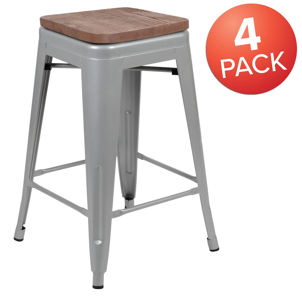 Set of 4 Modern Industrial Metal Stools  in Silver