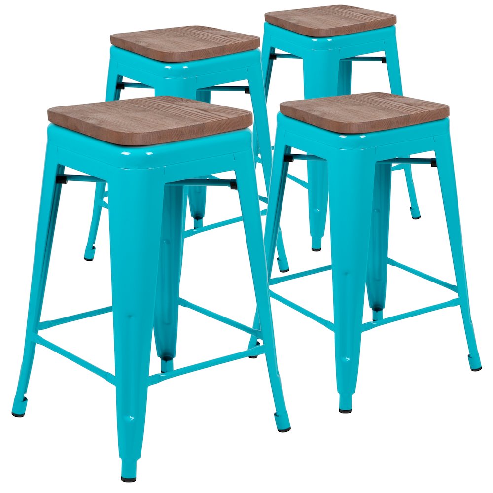 Set of 4 Modern Industrial Metal Stools  in Teal