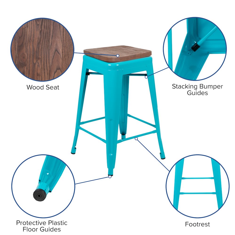 Set of 4 Modern Industrial Metal Stools  in Teal