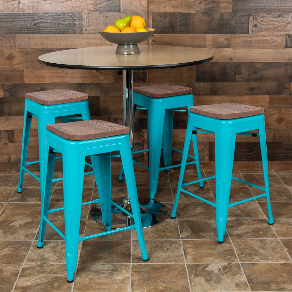 Set of 4 Modern Industrial Metal Stools  in Teal