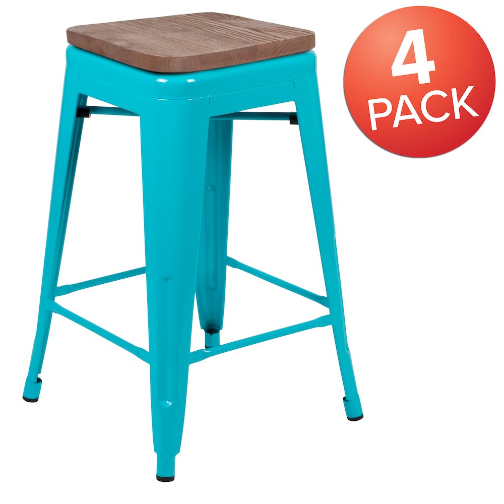 Set of 4 Modern Industrial Metal Stools  in Teal